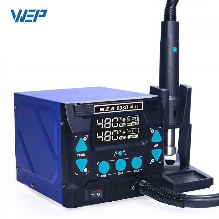 Термоповітряна паяльна станція WEP 993DM-IV фен / 1000 Вт / 100-500°С / 120 л/хв / змінні насадки