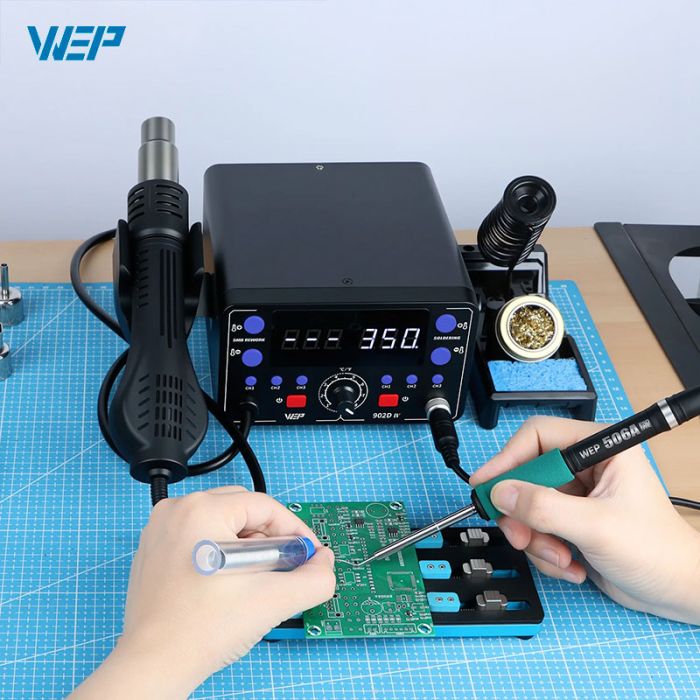 Паяльна станція 2 в 1 WEP 902D-IV / термофен + паяльник T12 / 3 канали пам'яті / 775 Вт