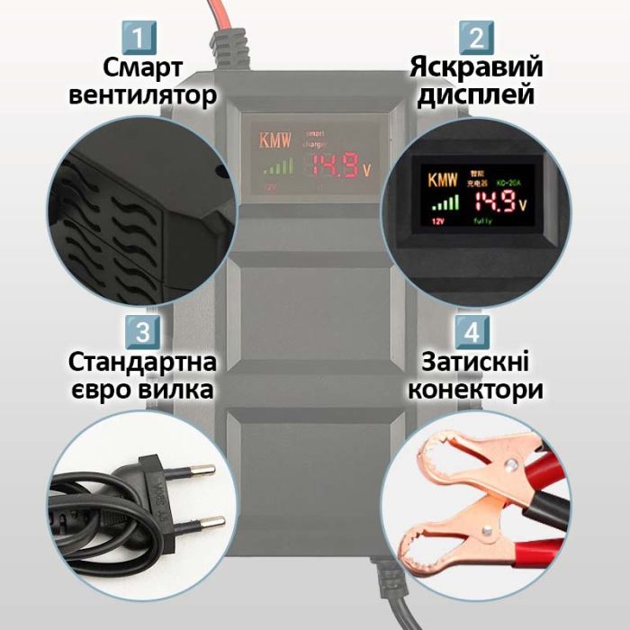 Умное зарядное устройство LiitoKala 14.6V 20A, для гелевых, кислотных, AGM, LiFePO4 аккумуляторов 12 В