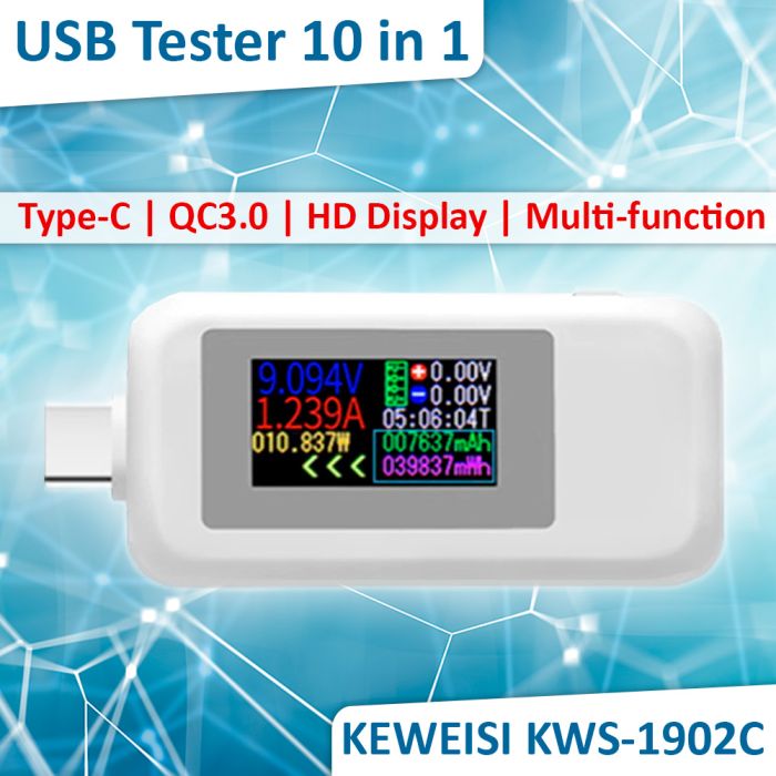 Многофункциональный USB тестер KEWEISI KWS-1902C Type-C / 10 в 1 / QC3.0 / 4-30V / 5A White