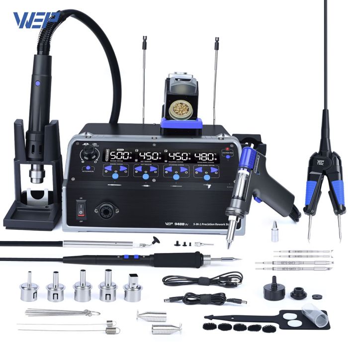 Паяльный комплекс WEP 948D-IV / 5 в 1 / фен + паяльник C245 + термопинцет + оловоотсос + пинцет / 1410 Вт