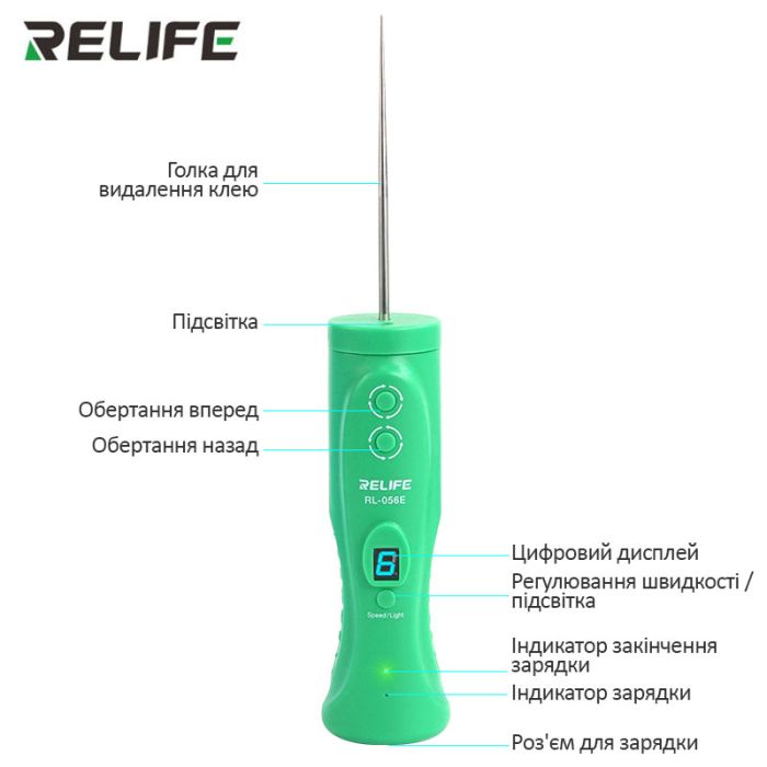 Машинка для удаления OCA клея Relife RL-056E / 6 скоростей / подсветка / Type-C