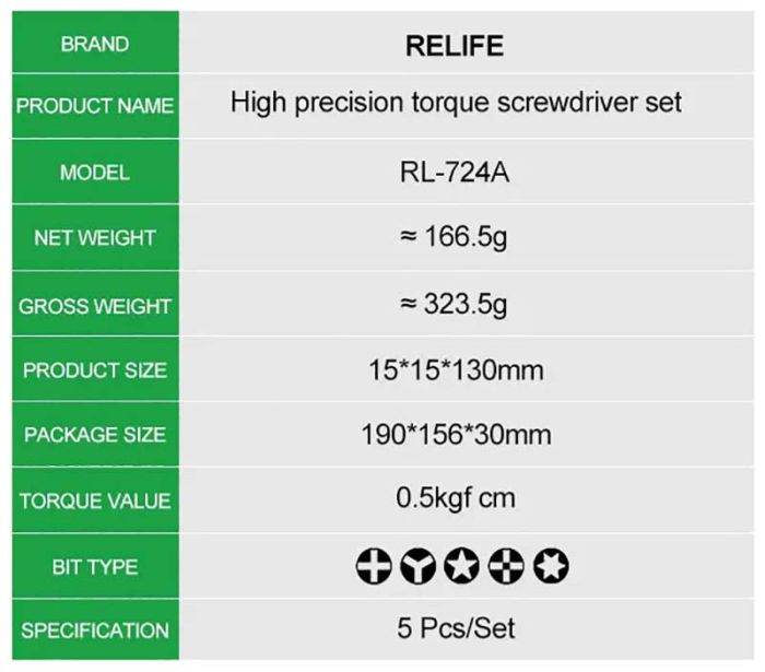 Набір викруток Relife RL-724A / прецизійні / для ремонту (T1 / Y0.6 / ★0.8 / ➕1.5 / IP2.5) 5 шт.