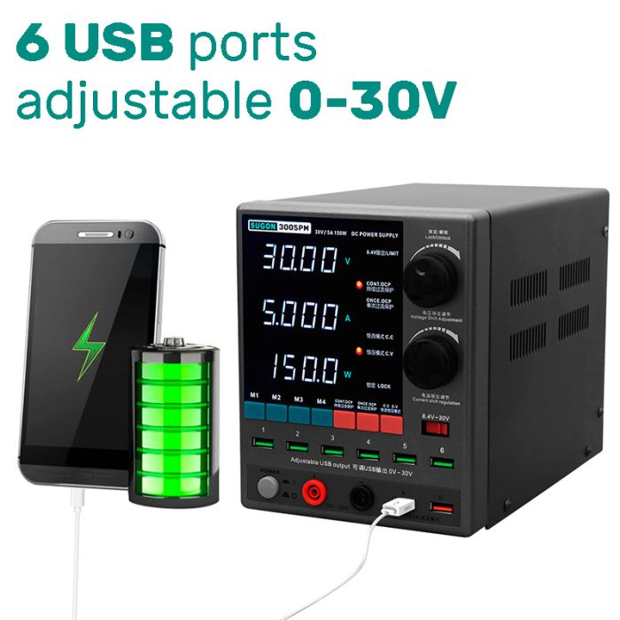Блок питания Sugon 3005PM 30V 5A, трансформаторный, с цифровой индикацией (V/A/W), USB, 4 канала памяти