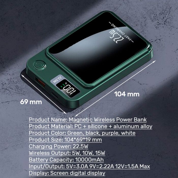 Power bank бездротовий XIYT Y211 / швидка зарядка / Magsafe / Magnetic / 22.5W + 15W / 10000 mAh Green