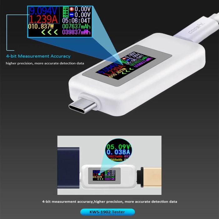 Багатофункціональний USB тестер KEWEISI KWS-1902C Type-C / 10 в 1 / QC3.0 / 4-30V / 5A Black