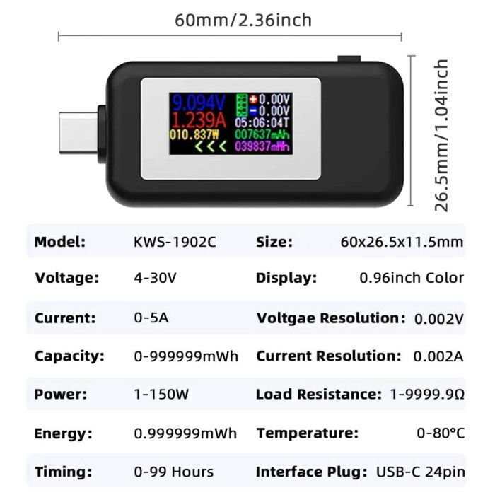 Багатофункціональний USB тестер KEWEISI KWS-1902C Type-C / 10 в 1 / QC3.0 / 4-30V / 5A Black