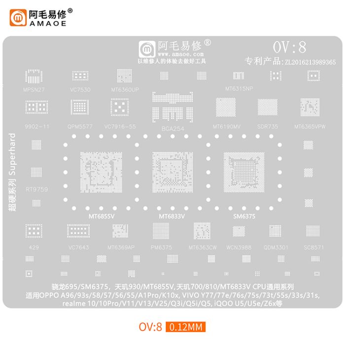 Трафарет BGA Amaoe OV:8 OPPO/VIVO/MPSN27/Y075306/MT6360UP/MT6315NP/MT6365VPW/SDR735/MT6160MV/BGA254