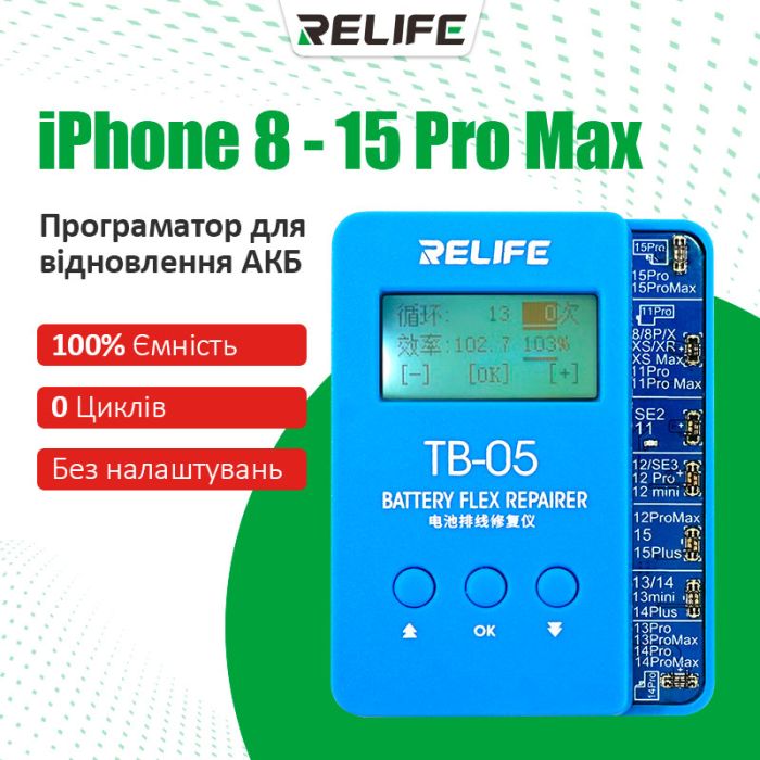 Программатор RELIFE TB-05 V9.0 для сброса циклов и процента износа аккумулятора iPhone 8 -15 Pro Max