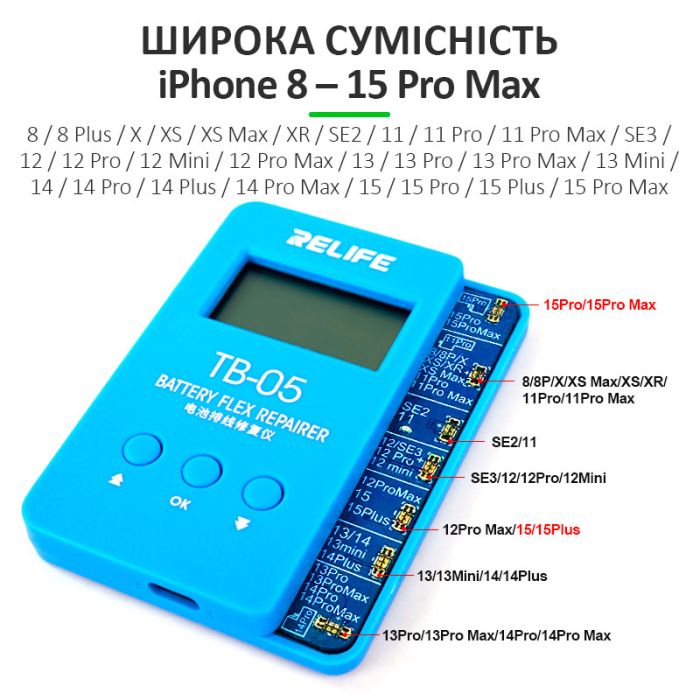 Программатор RELIFE TB-05 V9.0 для сброса циклов и процента износа аккумулятора iPhone 8 -15 Pro Max