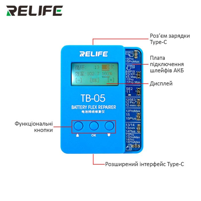 Програматор RELIFE TB-05 V9.0 для скидання циклів і відсотка зношеності акумулятора iPhone 8 -15 Pro Max