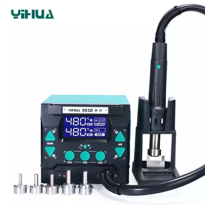 Термоповітряна паяльна станція YIHUA 993DM-IV фен / 1000 Вт / 100-500 °С / 120 л/хв  / змінні насадки