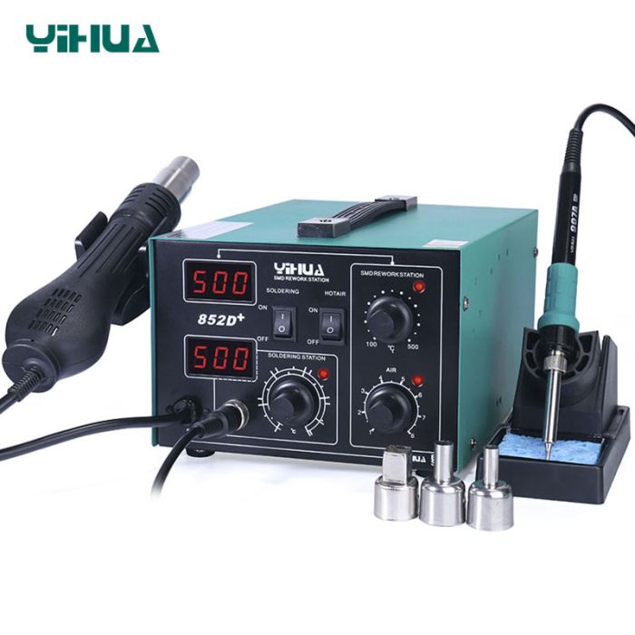 Паяльная станция 2 в 1 YIHUA 852D+ FAN / паяльник 50 Вт + термофен 650 Вт / LED дисплей / 3 насадки