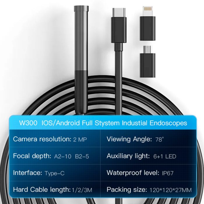 Эндоскоп WI-FI USB / 8 mm камера / подсветка / IP67 / Android IOS / OTG Type-C / Lightning 3 м