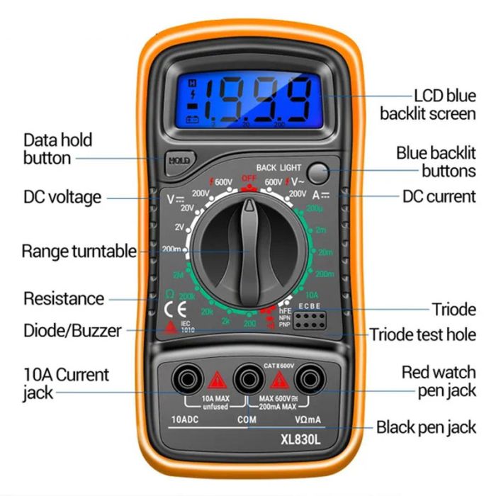 Мультиметр цифровой тестер XL830L / 600V DC-10A / функция Hold / подсветка
