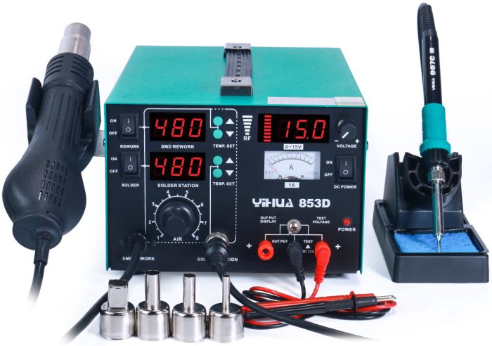 Паяльная станция YIHUA 853D / 3 в 1 / фен, паяльник, блок питания  / 800 Вт / 480°C / 15V / 1A