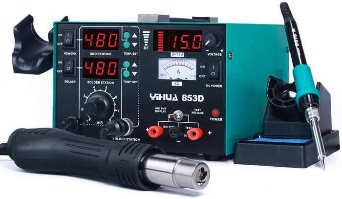 Паяльная станция YIHUA 853D / 3 в 1 / фен, паяльник, блок питания  / 800 Вт / 480°C / 15V / 1A