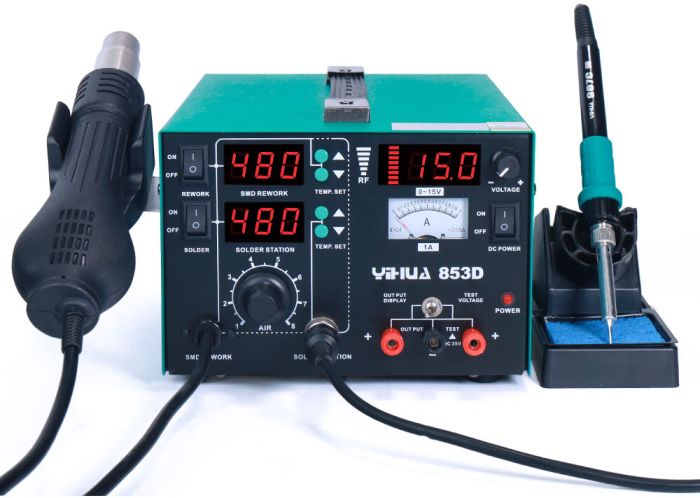 Паяльная станция YIHUA 853D / 3 в 1 / фен, паяльник, блок питания  / 800 Вт / 480°C / 15V / 1A