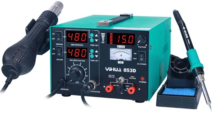 Паяльна станція YIHUA 853D / 3 в 1 / фен, паяльник, блок живлення / 800 Вт / 480°C / 15V / 1A