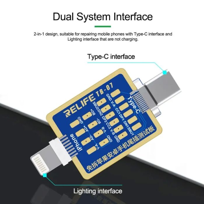 Тестовая плата 2 в 1 RELIFE TB-07 для проверки контактов разъема iPhone Lightning / Android Type-C