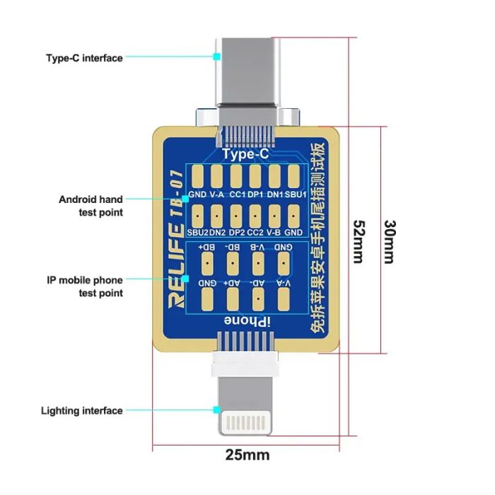 Тестовая плата 2 в 1 RELIFE TB-07 для проверки контактов разъема iPhone Lightning / Android Type-C
