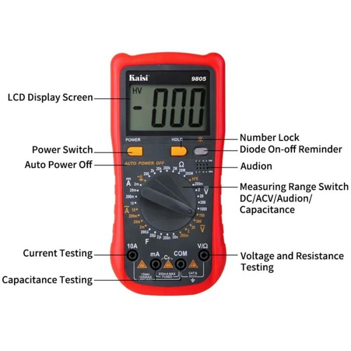 Мультиметр цифровой Kaisi 9805 / Автоотключение / Hold / 1000V / 10A