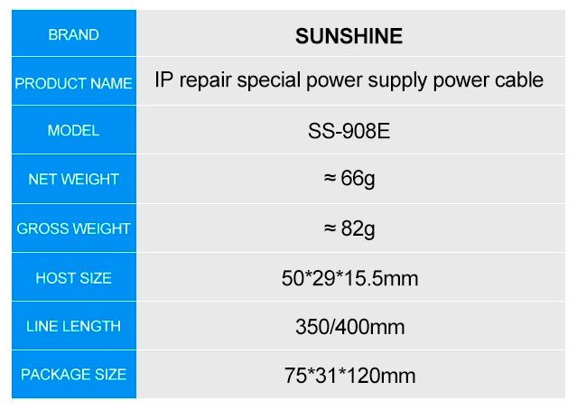 Кабели для блоков питания Sunshine SS-908E с разъемами для подключения плат iPhone 7 - 15 / Pro / Plus / Max