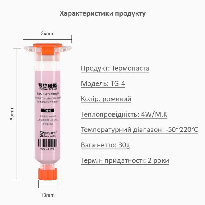 Термопаста Amaoe TG-4 силиконовая для смартфонов, мобильной техники / 4 Вт/м*К / 30g / 10cc / Pink