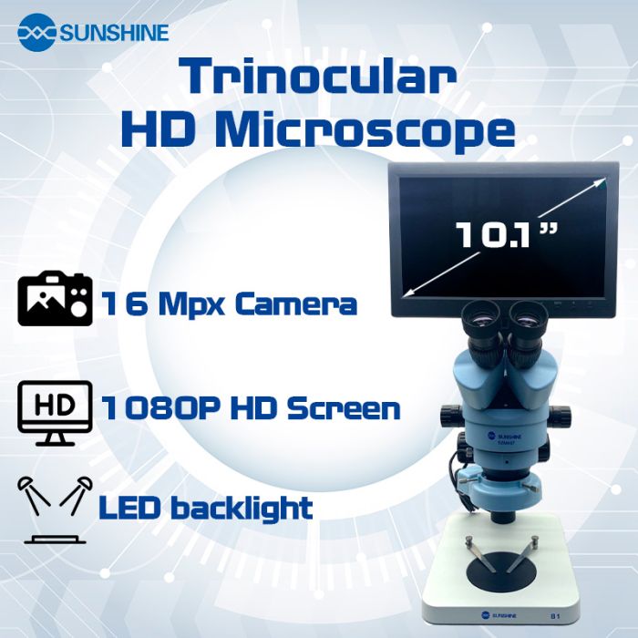 Тринокулярный микроскоп Sunshine SZM45T-B1-1600S / камера 16 Mpx /  HD дисплей 10'' 1080P / подсветка