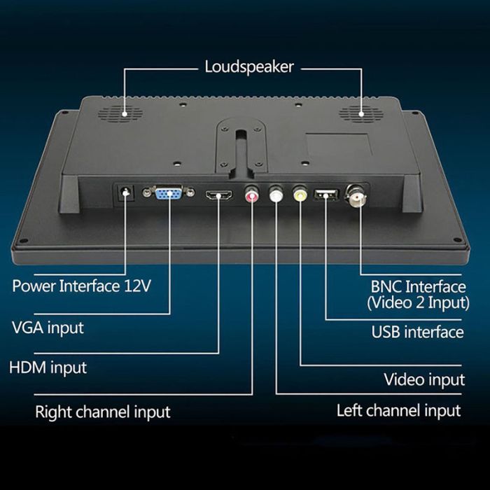 Монитор экран портативный 10'' для авто / видеонаблюдение / ПК / мониторинг / HDMI, VGA, RCA, AV, USB / 12В