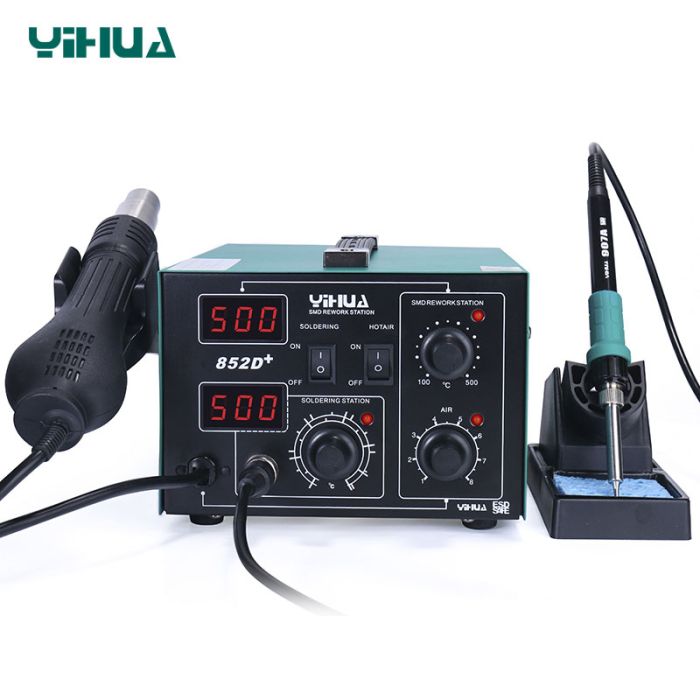 Паяльна станція 2 в 1 YIHUA 852D+ FAN / паяльник 50 Вт + термофен 650 Вт / LED дисплей / 3 насадки