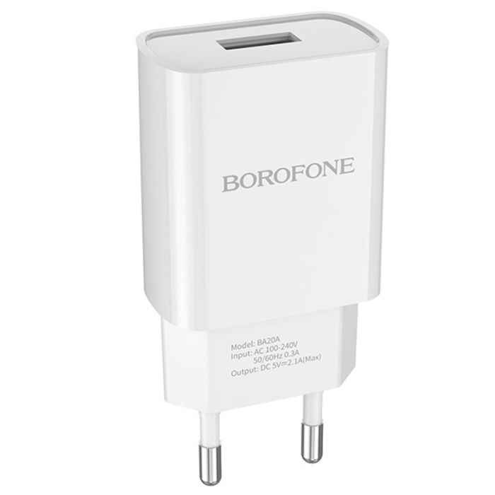 Мережевий зарядний пристрій Borofone BA20A 1 USB 2.1A білий