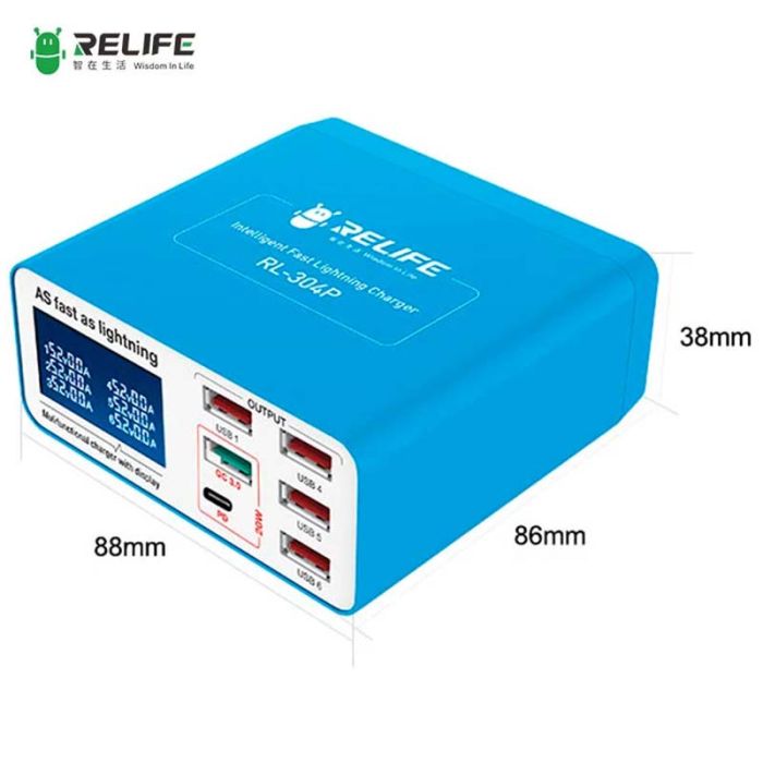 Быстрое зарядное устройство RELIFE RL-304P / 4xUSB / 1xType-C PD3.0 /  1xUSB QC 3.0 / 40W