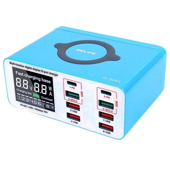 Швидкий зарядний пристрій + бездротове заряджання RELIFE RL-304S 4xUSB / 2xType-C PD3.0 / 2xUSB QC3.0 / 110W