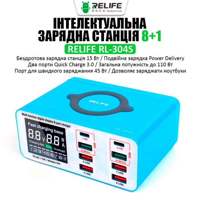Швидкий зарядний пристрій + бездротове заряджання RELIFE RL-304S 4xUSB / 2xType-C PD3.0 / 2xUSB QC3.0 / 110W