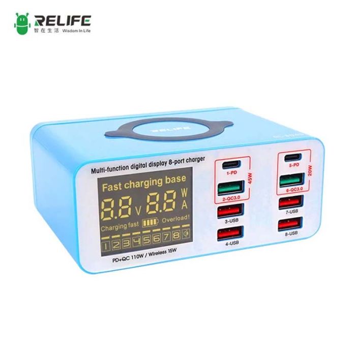 Швидкий зарядний пристрій + бездротове заряджання RELIFE RL-304S 4xUSB / 2xType-C PD3.0 / 2xUSB QC3.0 / 110W