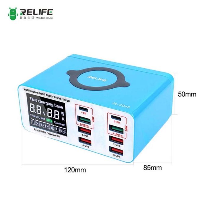 Швидкий зарядний пристрій + бездротове заряджання RELIFE RL-304S 4xUSB / 2xType-C PD3.0 / 2xUSB QC3.0 / 110W