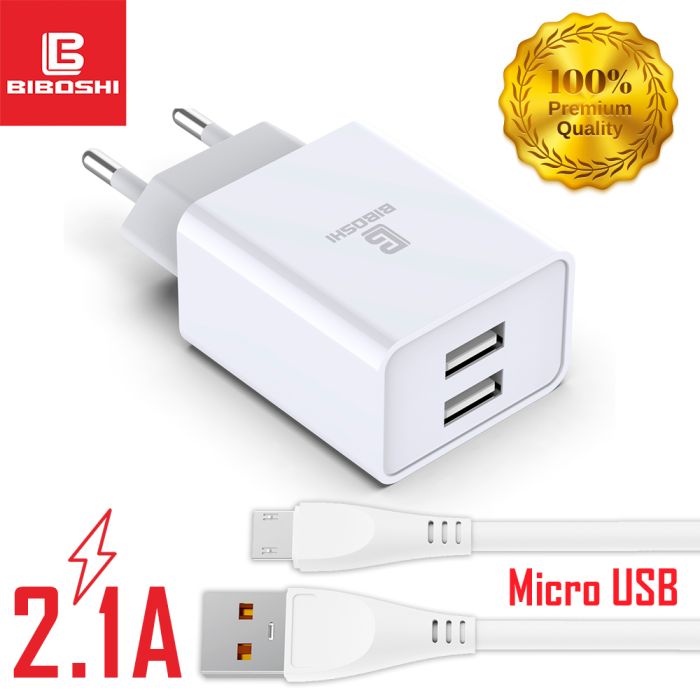 Мережевий зарядний пристрій Biboshi C01 2 USB 2.1A + кабель Micro-USB white