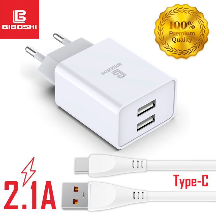 Мережевий зарядний пристрій Biboshi C01 2 USB 2.1A + кабель Type-C white