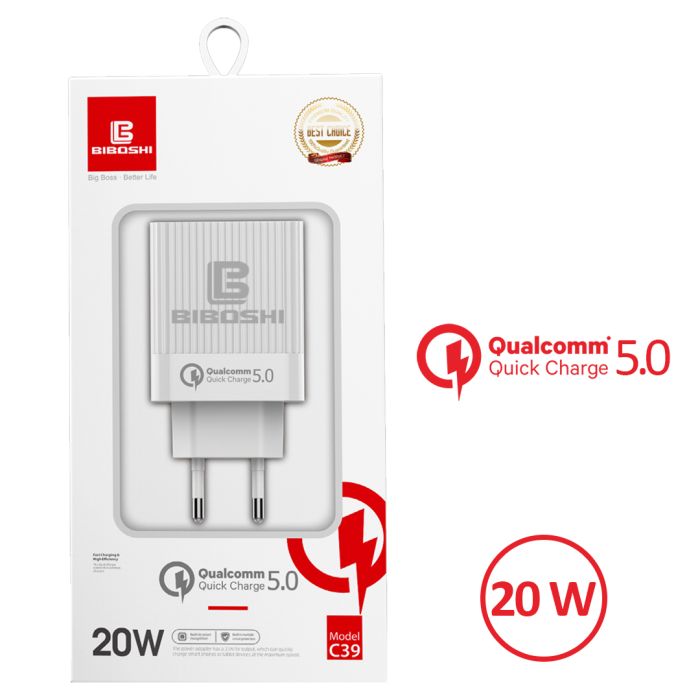 Мережевий зарядний пристрій Biboshi C39 1 USB 20W / QC5.0 + кабель Lightning white