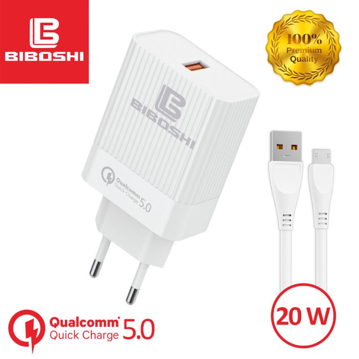 Мережевий зарядний пристрій Biboshi C39 1 USB 20W / QC5.0 + кабель Micro-USB white
