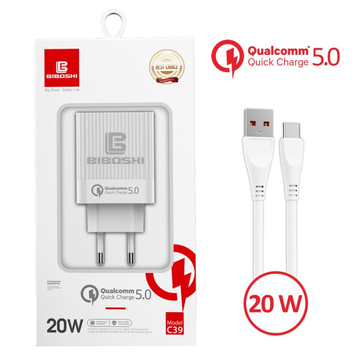 Мережевий зарядний пристрій Biboshi C39 1 USB 20W / QC5.0 + кабель Type-C white