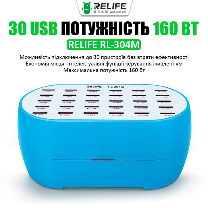 Зарядний пристрій RELIFE RL-304M / 2.4A / 30 USB / 160W