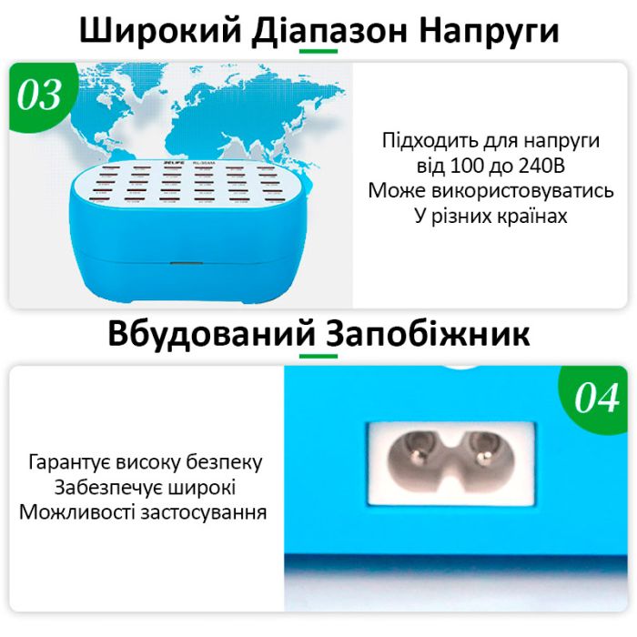 Зарядний пристрій RELIFE RL-304M / 2.4A / 30 USB / 160W