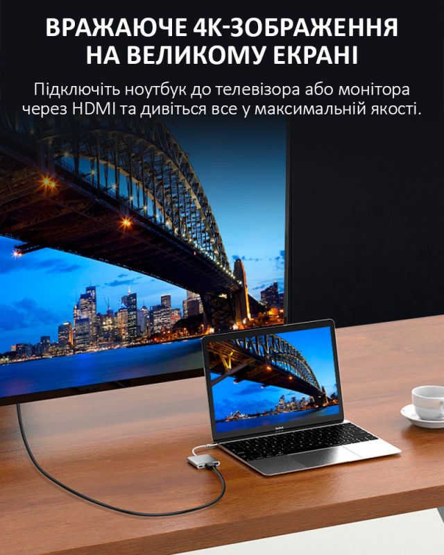 Переходник OTG адаптер 3 в 1 / Type-C на HDMI + USB 3.0 + Type-C / PD 100 Вт / Белый