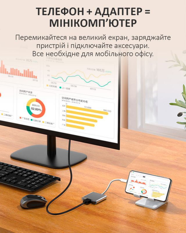 Переходник OTG адаптер 3 в 1 / Type-C на HDMI + USB 3.0 + Type-C / PD 100 Вт / Белый