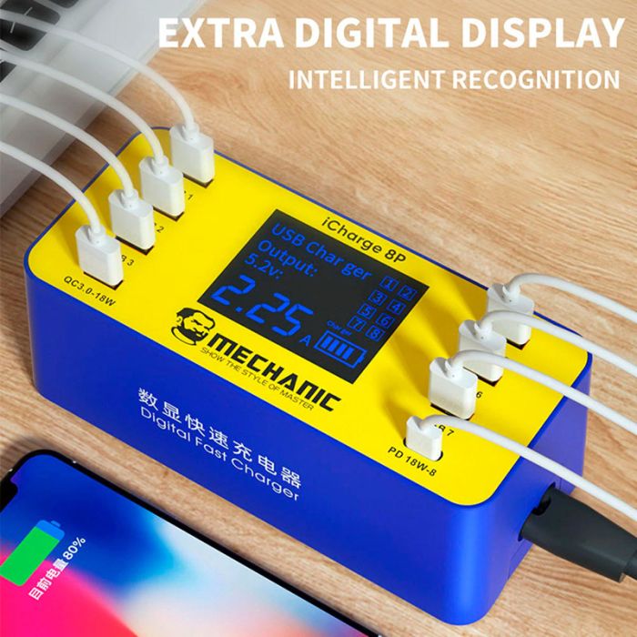 Быстрое зарядное устройство Mechanic iCharge 8S / 3A / 6xUSB / 1xType-C PD3.0 / 1xUSB QC3.0 / 40W
