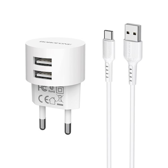Сетевое зарядное устройство Borofone BA23A 2 USB 2.4A Type-C белое