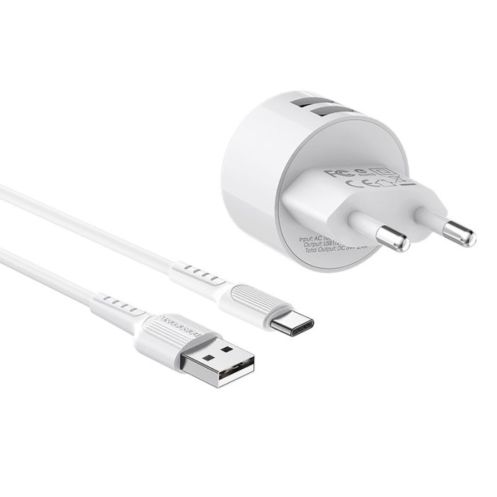 Сетевое зарядное устройство Borofone BA23A 2 USB 2.4A Type-C белое