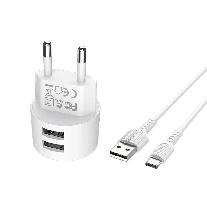 Сетевое зарядное устройство Borofone BA23A 2 USB 2.4A Type-C белое